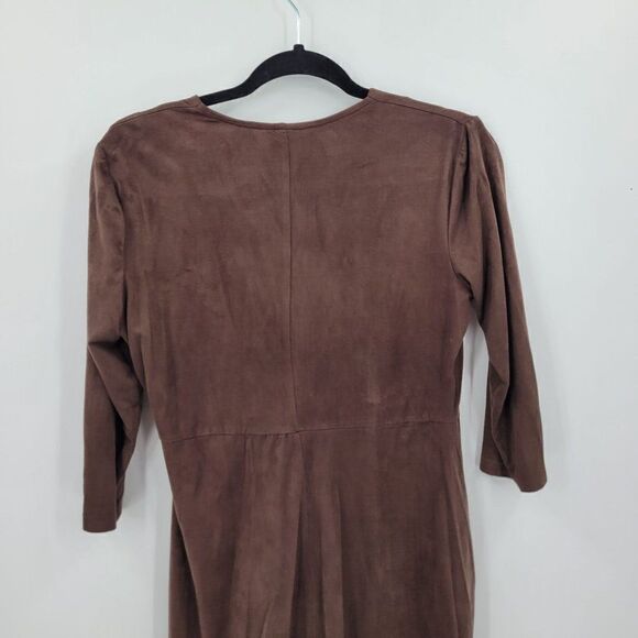 Vintage Faux Suede Mock Wrap 3/4 Sleeve Dress S Brown Stretch Native Peasant - Picture 7 of 8